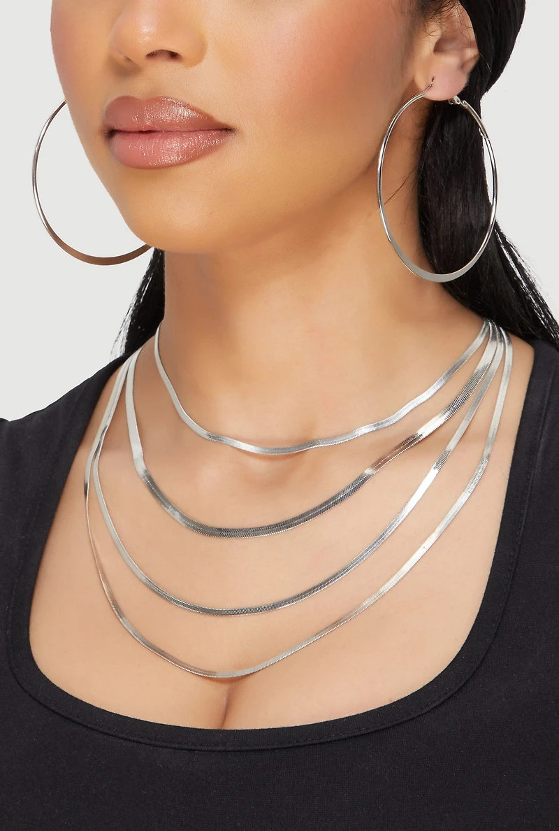 Layered Herringbone Necklace and Hoop Earrings Set