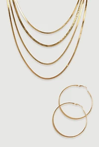 Layered Herringbone Necklace and Hoop Earrings Set