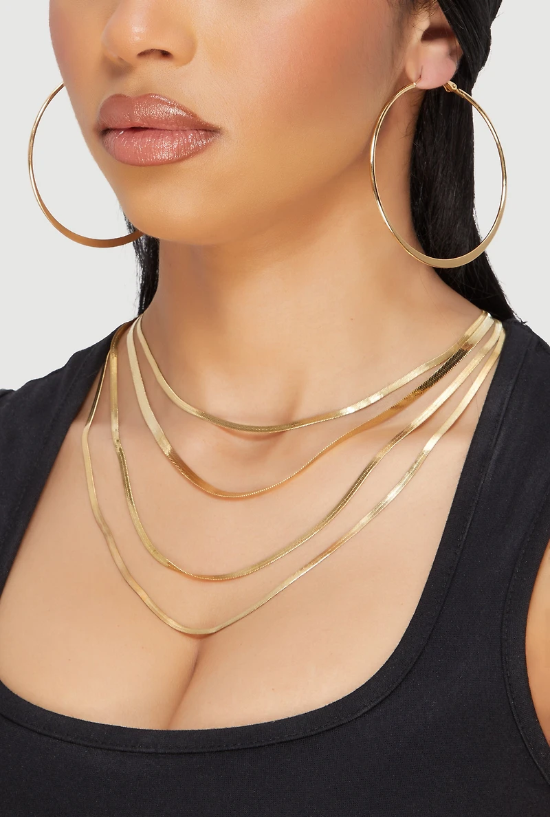 Layered Herringbone Necklace and Hoop Earrings Set