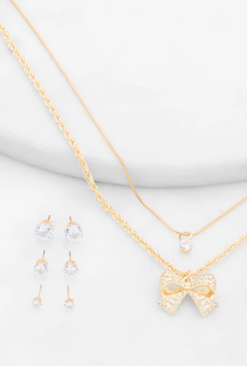 Bow Layered Necklace and Cubic Zirconia Earrings Set