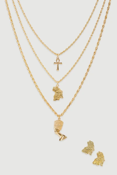 Metallic Africa Stud Earrings and Nefertiti Layered Necklace Set
