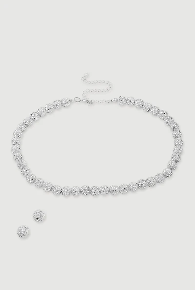 Womens Cubic Zirconia Beaded Necklace and Earrings Set, Silver