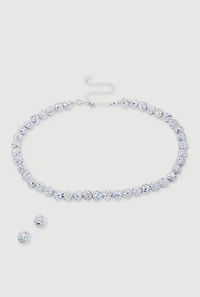 Womens Cubic Zirconia Beaded Necklace and Earrings Set, Silver