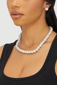 Womens Cubic Zirconia Beaded Necklace and Earrings Set, Silver