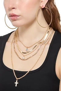 Womens Cross Rhinestone Layered Necklace with Hoop Earring Trio, Gold