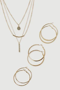 Cubic Zirconia Charm Layered Necklace and Hoop Earring Trio