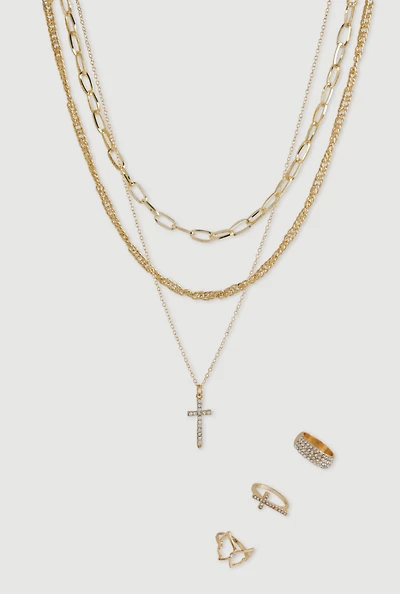 Cubic Zirconia Cross Layered Necklace and Ring Trio