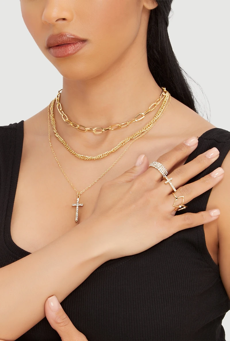Cubic Zirconia Cross Layered Necklace and Ring Trio