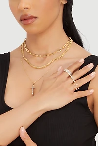 Cubic Zirconia Cross Layered Necklace and Ring Trio