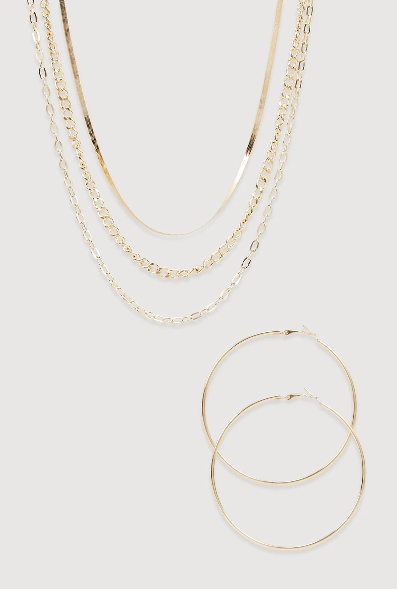 Layered Look Chain Necklace and Hoop Earrings