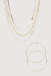 Layered Look Chain Necklace and Hoop Earrings