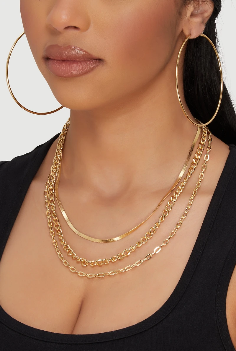 Layered Look Chain Necklace and Hoop Earrings