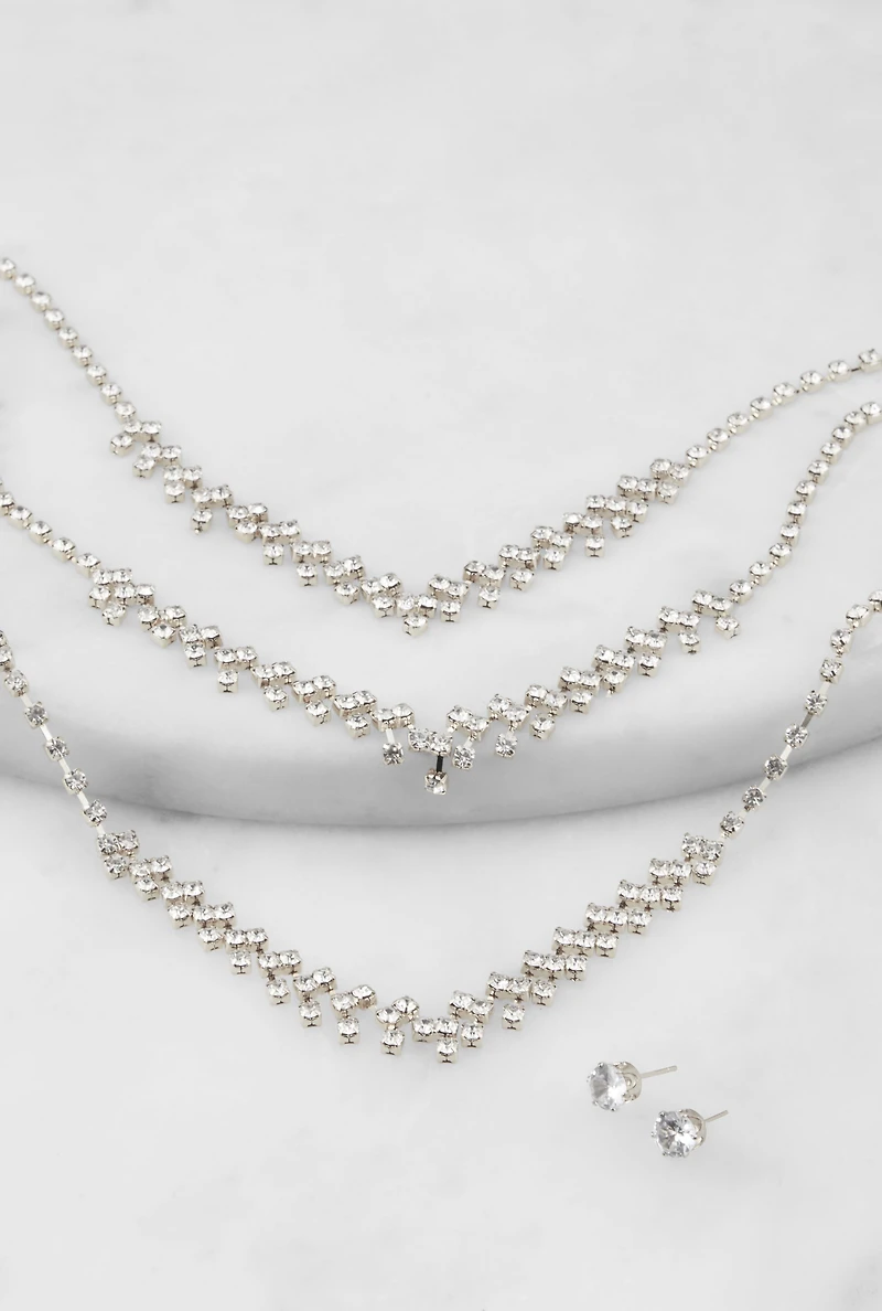 Womens Rhinestone Layered Necklace and Earrings Set, Silver