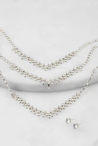 Womens Rhinestone Layered Necklace and Earrings Set, Silver