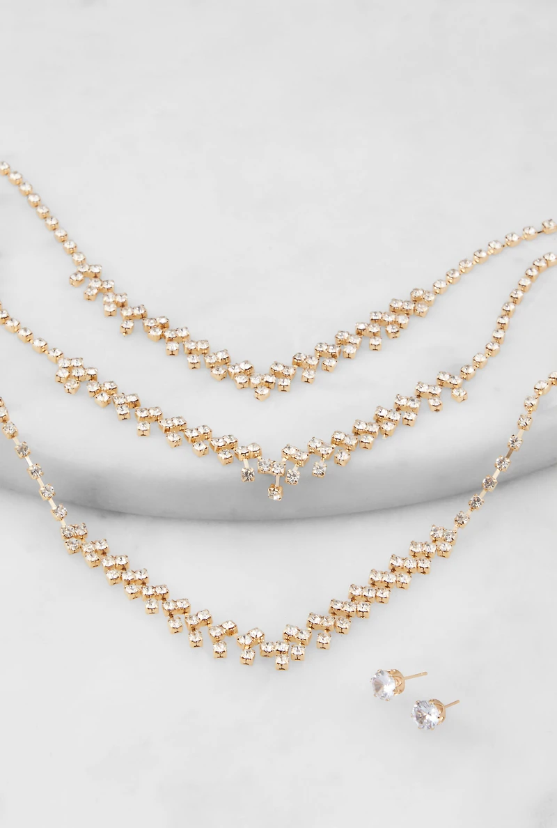 Rhinestone Layered Necklace and Earrings Set