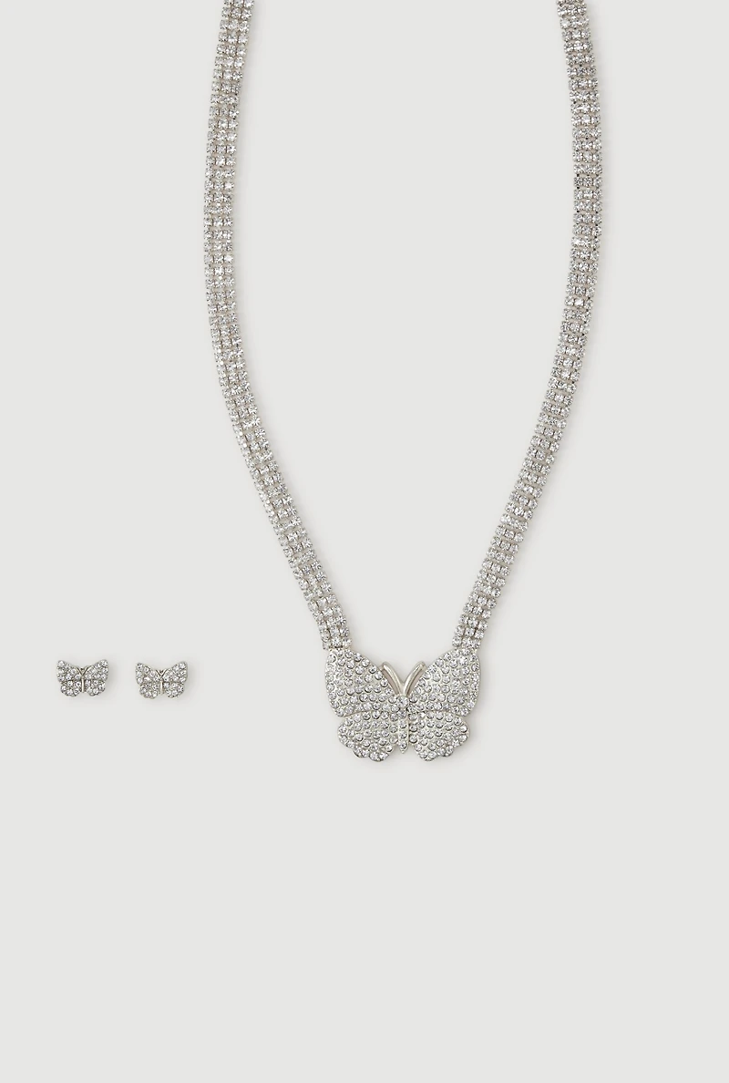 Cubic Zirconia Butterfly Necklace and Butterfly Earrings Set