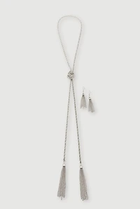 Metallic Braided Tassel Necklace and Tassel Earrings Set