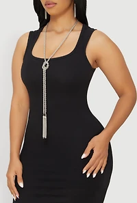 Womens Metallic Braided Tassel Necklace and Tassel Earrings Set, Silver