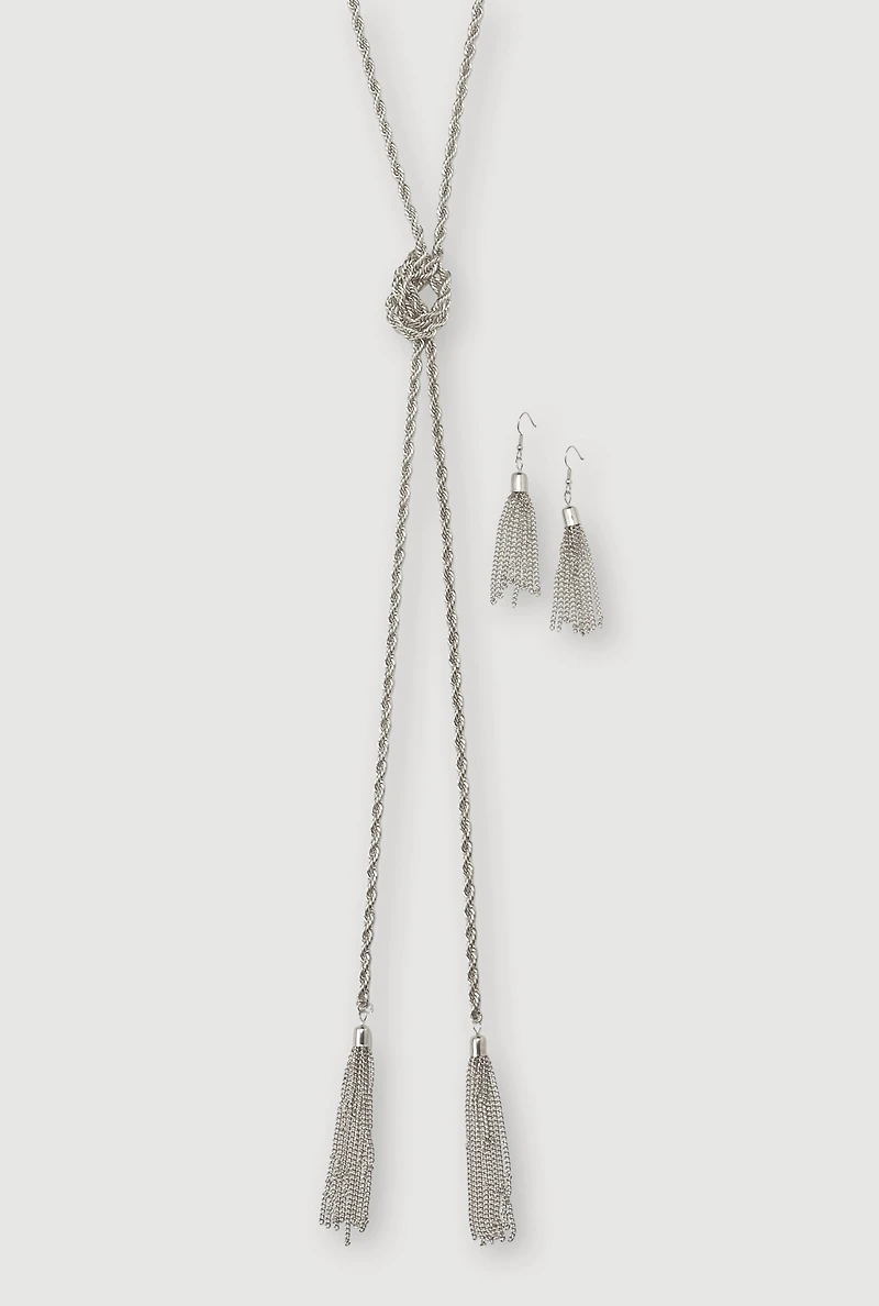 Womens Metallic Braided Tassel Necklace and Tassel Earrings Set, Silver