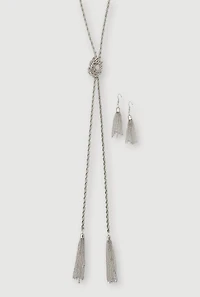 Womens Metallic Braided Tassel Necklace and Tassel Earrings Set, Silver