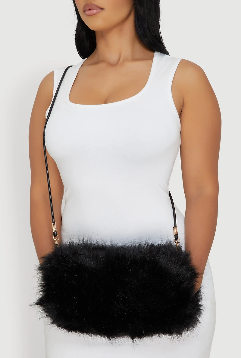 Womens Faux Fur Hand Muff Crossbody Clutch Bag,