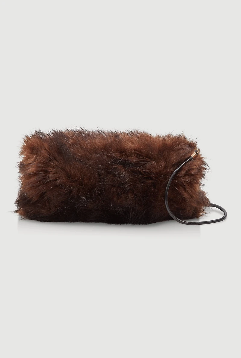Womens Faux Fur Hand Muff Crossbody Clutch Bag, Brown