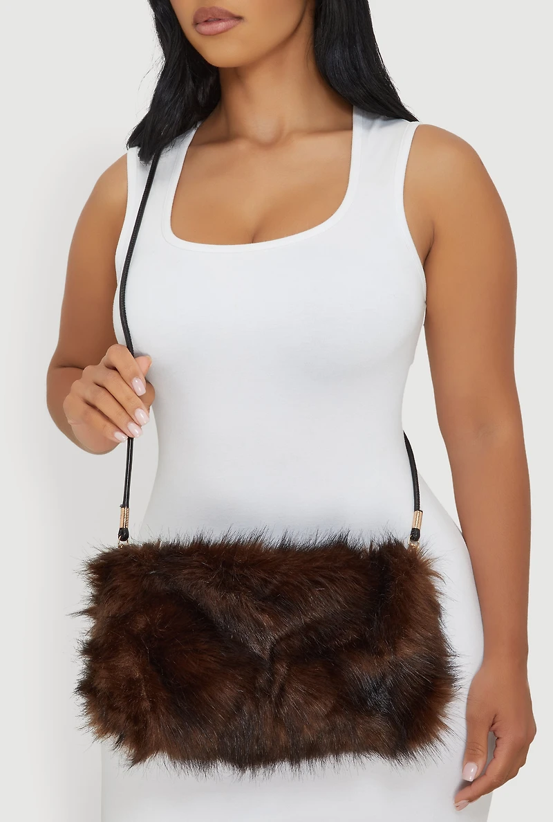 Womens Faux Fur Hand Muff Crossbody Clutch Bag, Brown