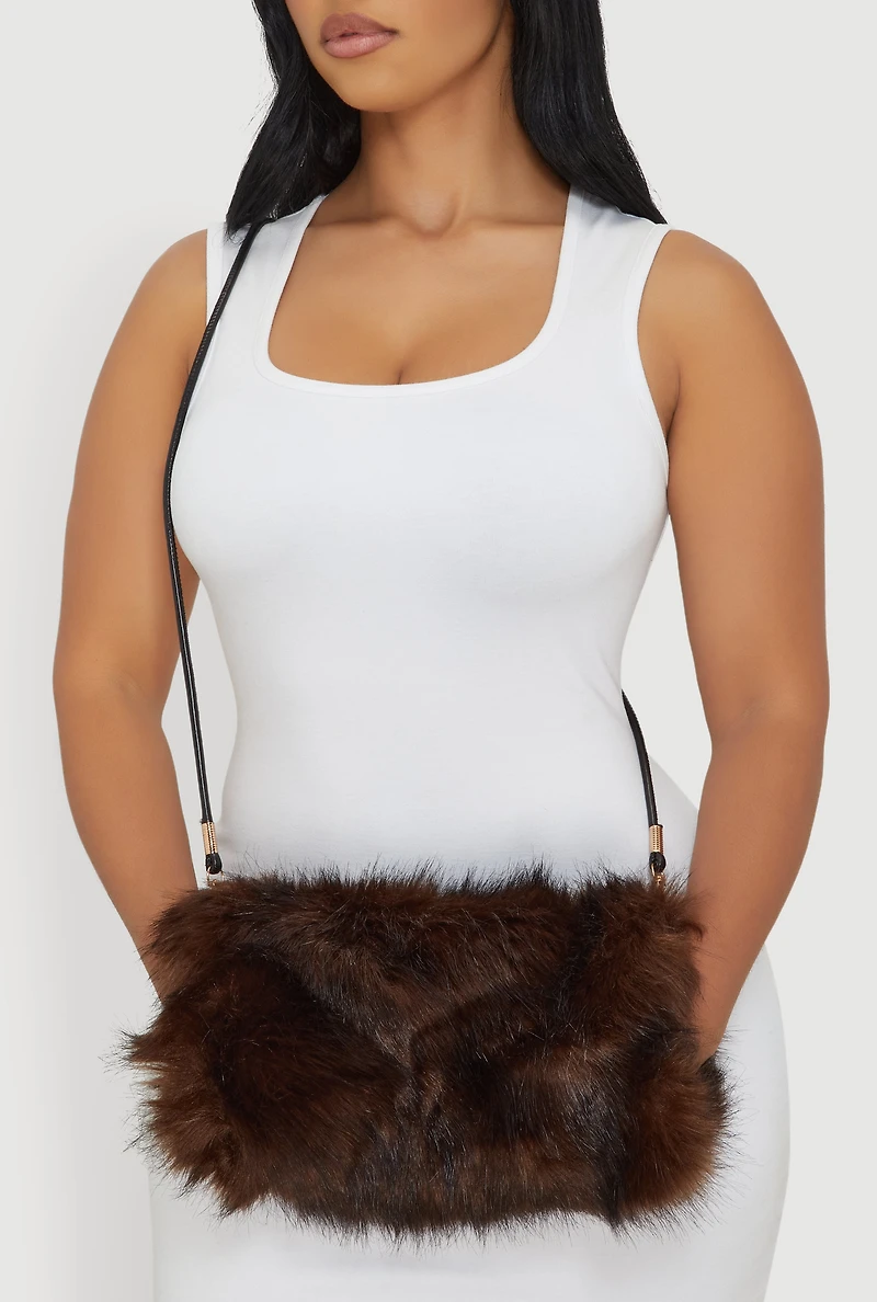 Womens Faux Fur Hand Muff Crossbody Clutch Bag, Brown