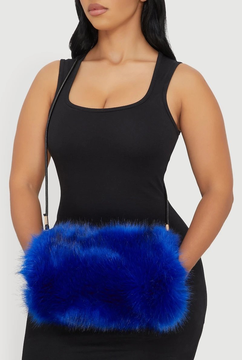 Womens Faux Fur Hand Muff Crossbody Clutch Bag,