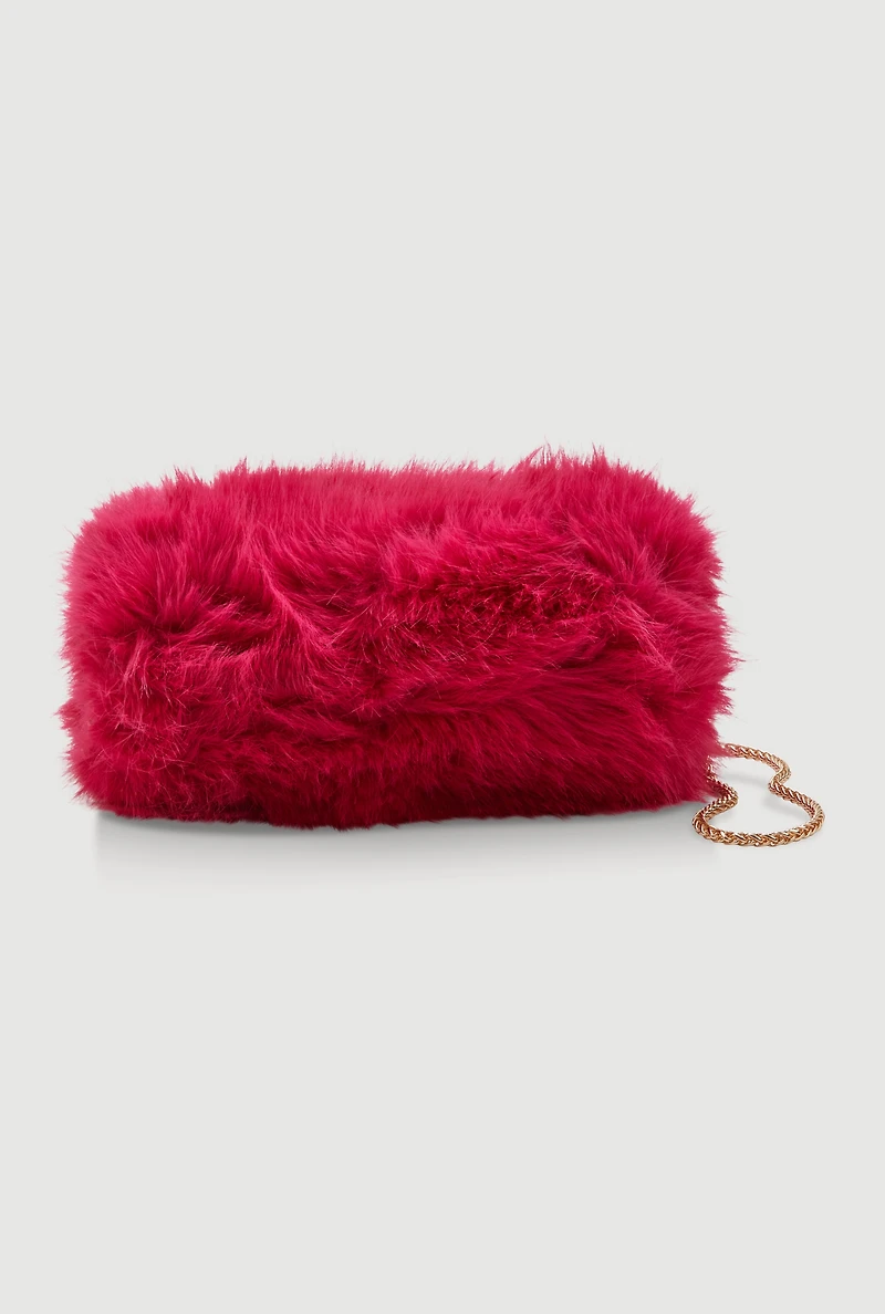 Womens Faux Fur Hand Muff Chain Crossbody Bag, Pink