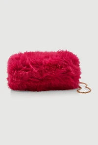 Womens Faux Fur Hand Muff Chain Crossbody Bag, Pink