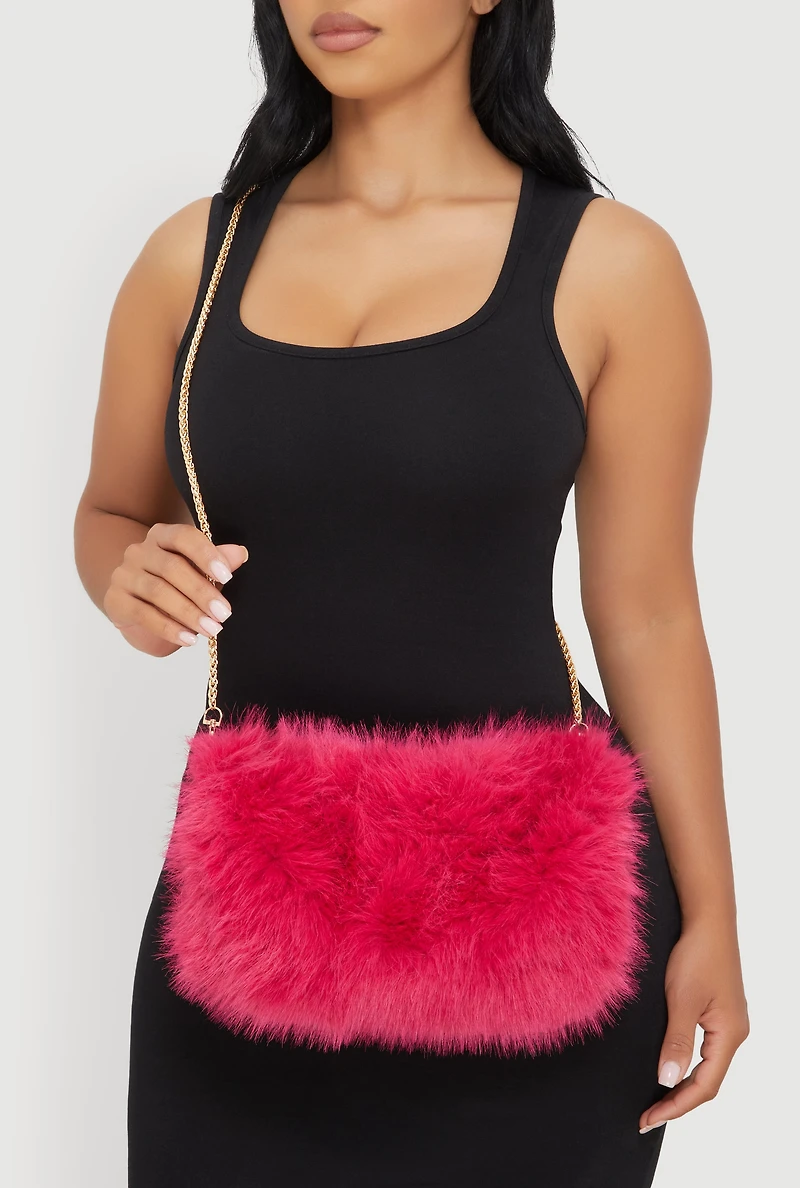 Womens Faux Fur Hand Muff Chain Crossbody Bag, Pink