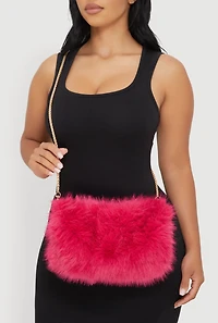 Womens Faux Fur Hand Muff Chain Crossbody Bag, Pink