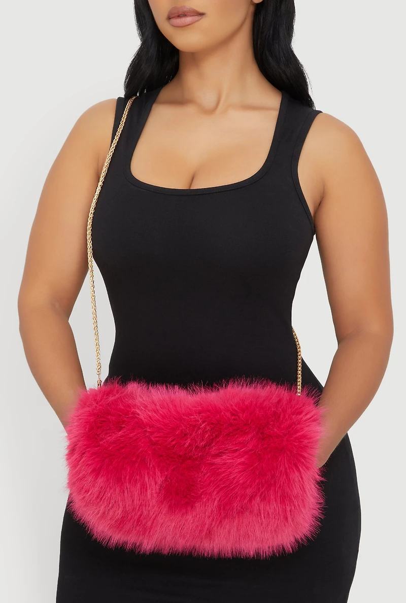 Womens Faux Fur Hand Muff Chain Crossbody Bag, Pink