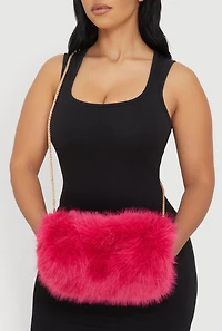 Womens Faux Fur Hand Muff Chain Crossbody Bag, Pink