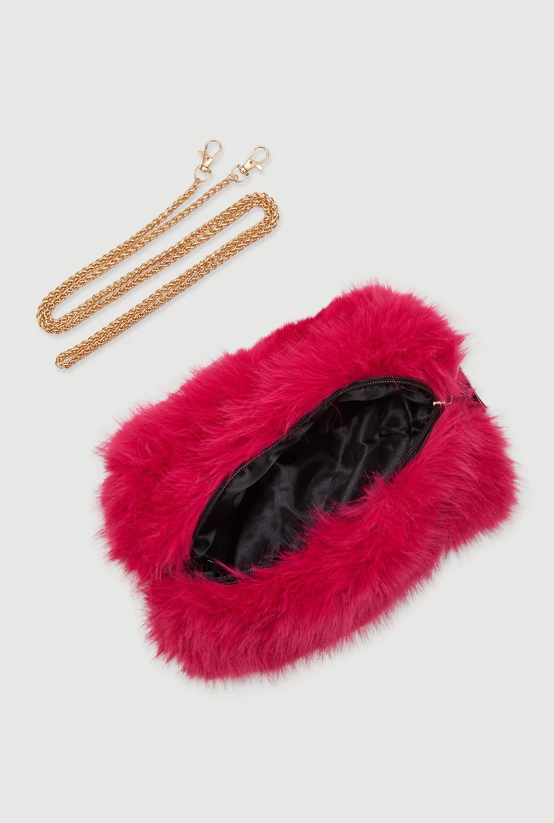 Womens Faux Fur Hand Muff Chain Crossbody Bag, Pink