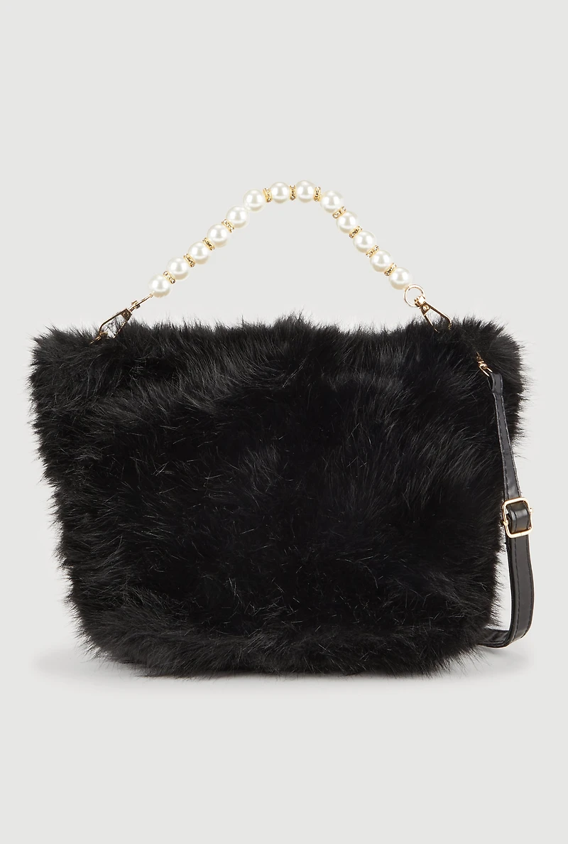 Womens Faux Pearl Rhinestone Handle Convertible Faux Fur Crossbody Bag, Black