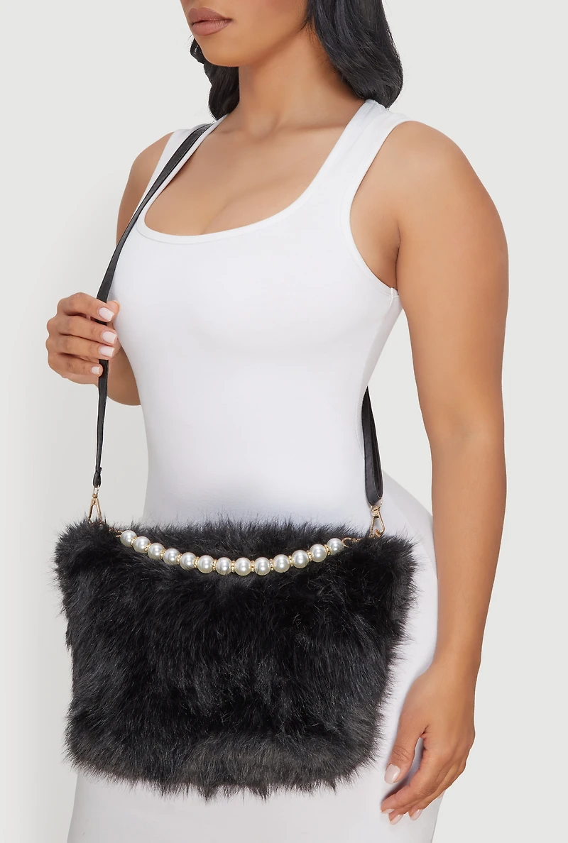 Womens Faux Pearl Rhinestone Handle Convertible Faux Fur Crossbody Bag, Black