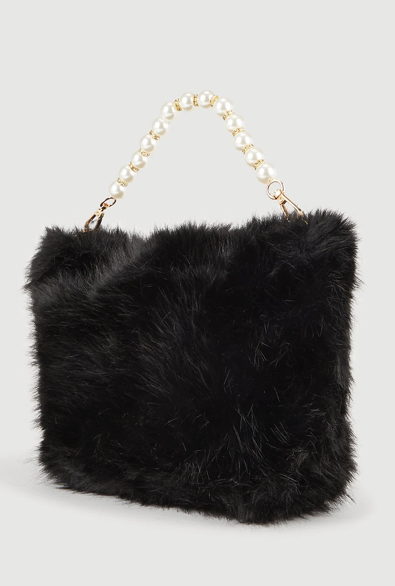Womens Faux Pearl Rhinestone Handle Convertible Faux Fur Crossbody Bag, Black