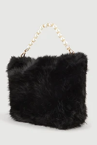 Womens Faux Pearl Rhinestone Handle Convertible Faux Fur Crossbody Bag, Black