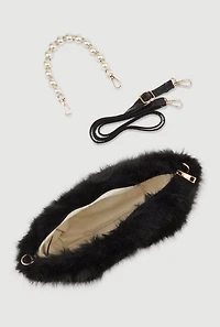 Womens Faux Pearl Rhinestone Handle Convertible Faux Fur Crossbody Bag, Black
