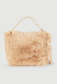 Faux Pearl Rhinestone Handle Convertible Faux Fur Crossbody Bag