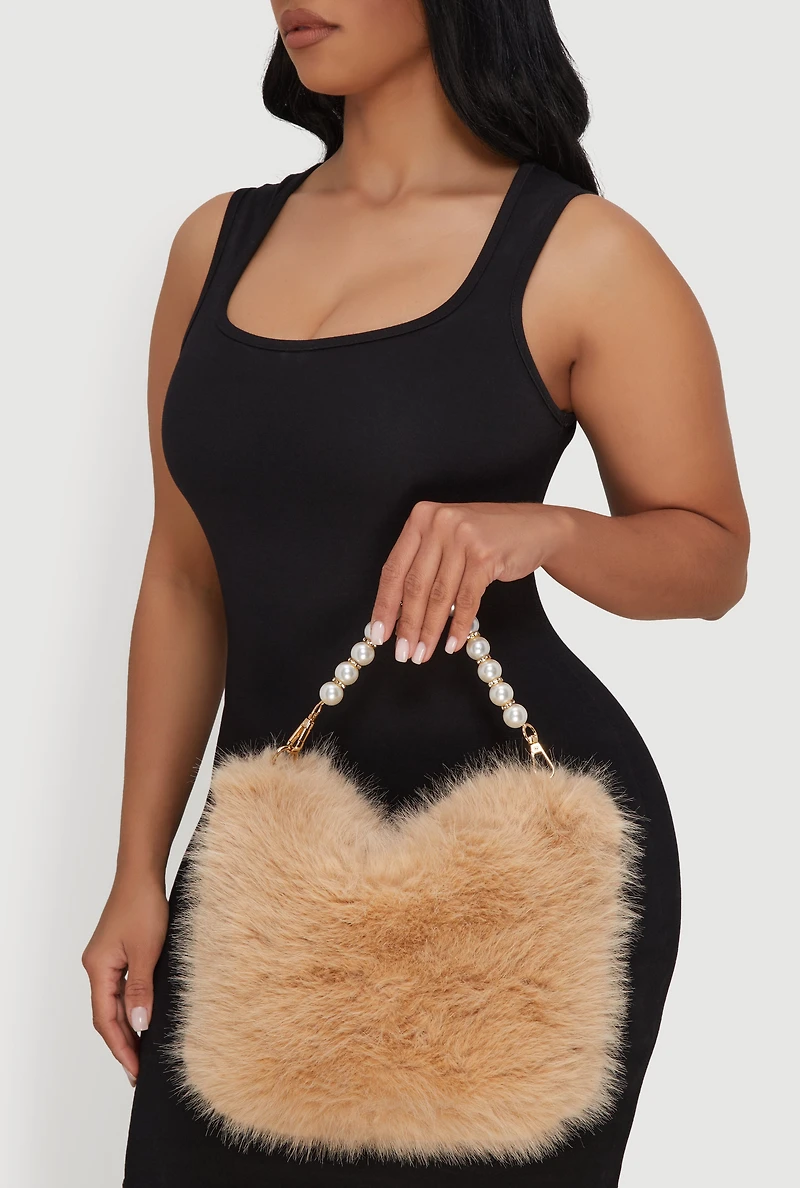 Faux Pearl Rhinestone Handle Convertible Faux Fur Crossbody Bag