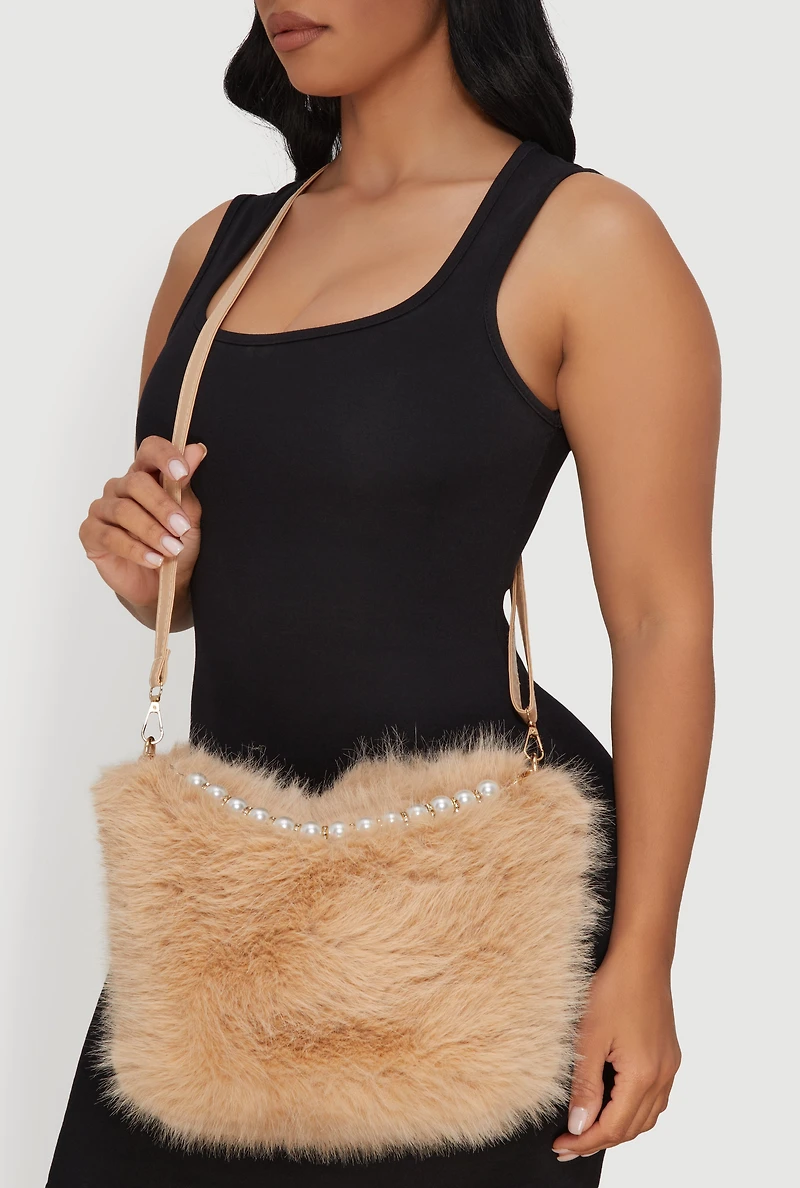 Faux Pearl Rhinestone Handle Convertible Faux Fur Crossbody Bag