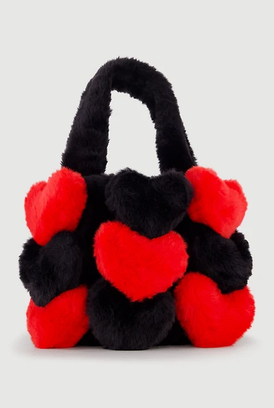 3D Color Block Hearts Faux Fur Hand Bag