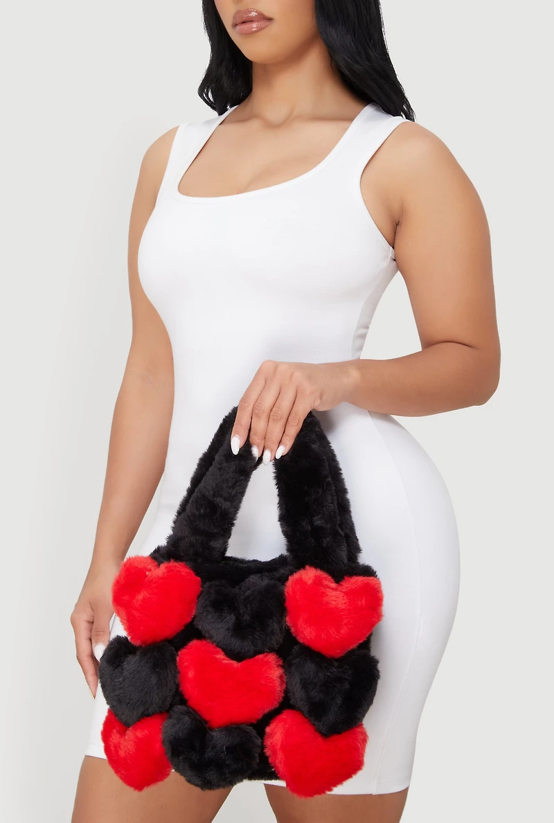 3D Color Block Hearts Faux Fur Hand Bag