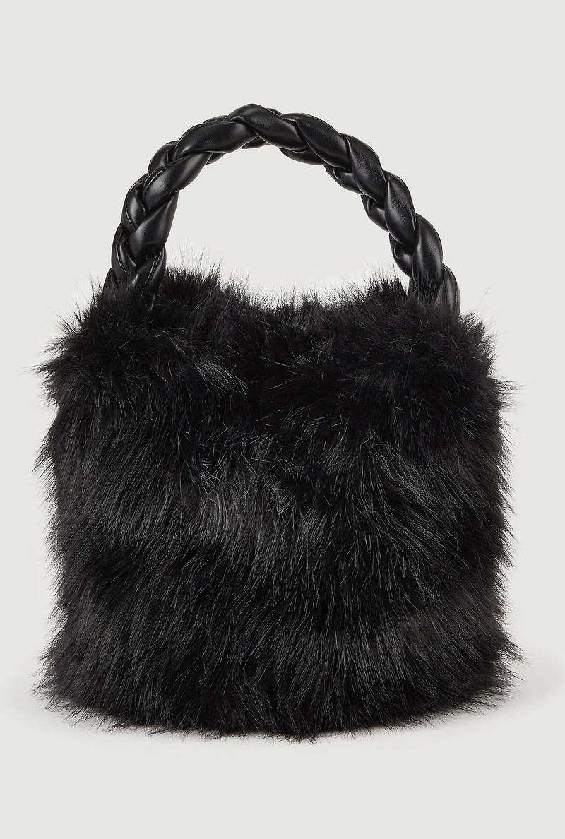 Womens Braided Handle Faux Fur Bucket Bag, Black