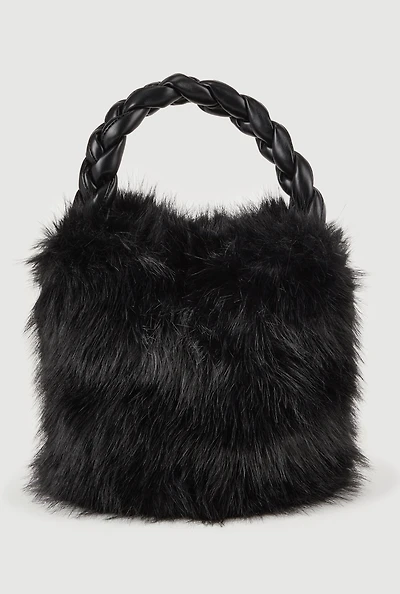 Womens Braided Handle Faux Fur Bucket Bag, Black