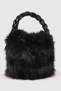 Braided Handle Faux Fur Bucket Bag