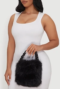 Womens Braided Handle Faux Fur Bucket Bag, Black